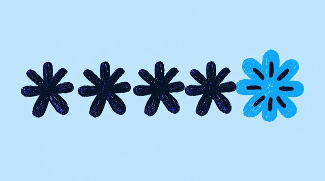 Row of password asterisk stars where the last one blooms, minimalist conceptual illustration