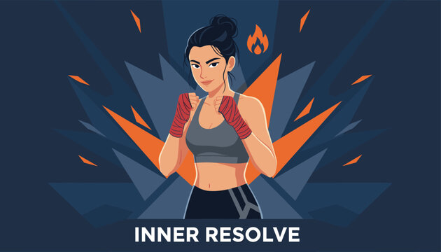 Strong female boxer with wrapped hands stands determined with inner resolve against a dynamic and fiery background.