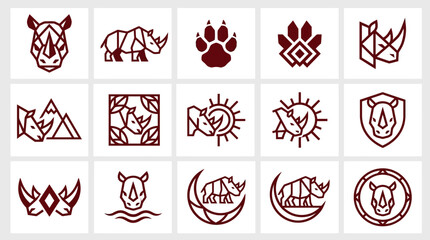 Red rhino and mountain wildlife line icons collection. © Nemanca