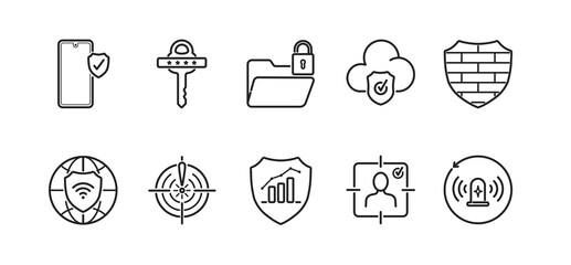 Fototapeta premium Cybersecurity & Data Protection icon set - Minimal outline style symbols representing essential cybersecurity and data protection concepts.
