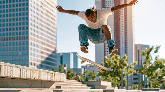 Skateboarder performing a trick in an urban plaza, captured from a low angle.