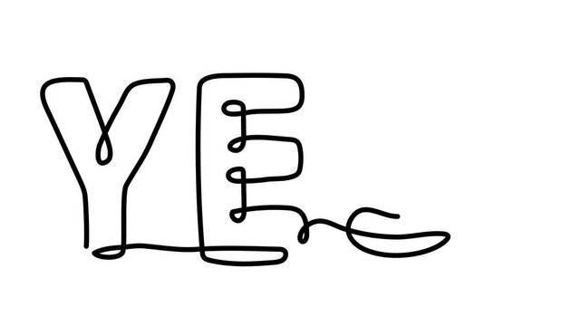 Yes word lettering typography with exclamation mark shape one line art animation, hand drawn continuous contour decorative success approval motivational positive text quote movie. 4k self-drawing vide