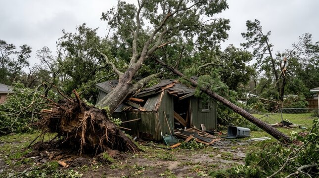 A damaged shed lies amidst the aftermath of a hurricane. A large tree has uprooted and crashed onto the structure, causing significant damage.