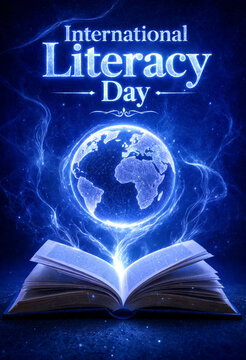 Glowing open book with a holographic earth illustration for international literacy day celebration concept