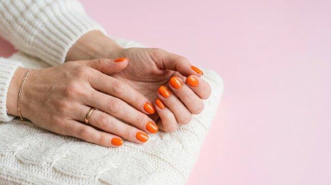 A woman&rsquo;s hands are resting on a white knitted sweater. Her nails are painted a vibrant orange color.