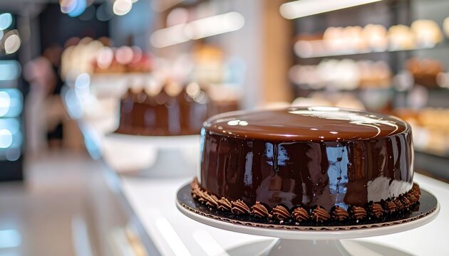 Elegant mirror glaze chocolate cake displayed in a contemporary bakery dessert shop
