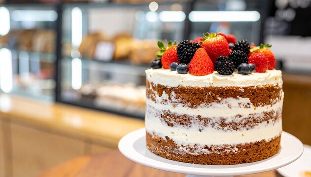 Delicious multi-layered berry cake with white cream frosting and fresh fruit toppings in a luxury pastry shop setting