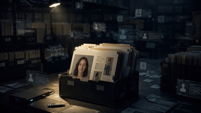 A Dimly Lit Archive with Files and Digital Overlays Featuring a Central Portrait, Exploring Themes of Identity and Data Privacy