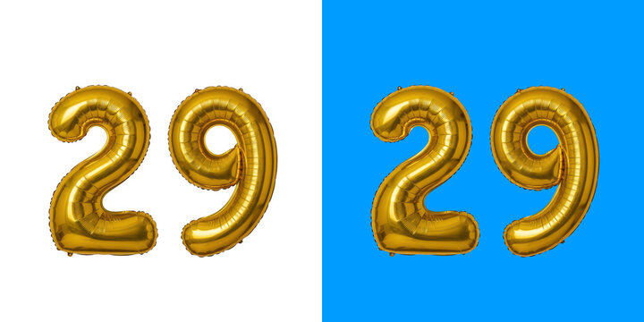 Two sets of shiny metallic gold foil number twenty nine balloons on black and blue backgrounds