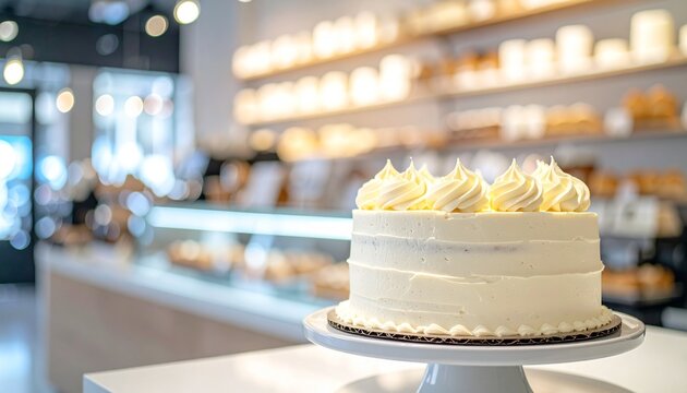 Elegant vanilla bean layer cake with swirls of white buttercream frosting displayed on a pedestal stand inside a bright modern pastry shop