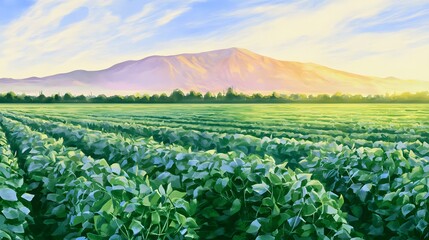 Fototapeta premium Sunrise over soybean fields a tranquil rural landscape evokes peace and agricultural abundance