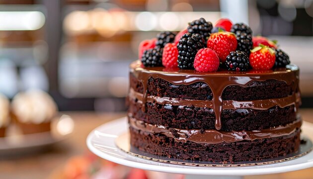 Decadent chocolate layer cake with rich fudge frosting and fresh mixed berries in a bakery