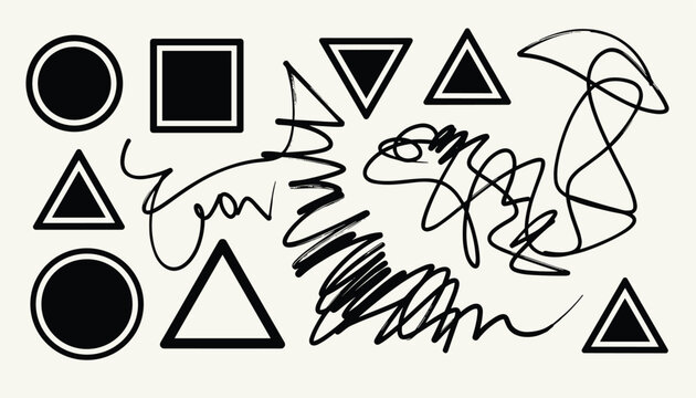 Abstract composition comparing orderly geometric shapes like circles and triangles with chaotic hand drawn scribbles and messy lines.