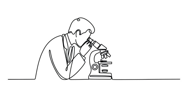 Continuous one line drawing of a scientist looking through a microscope Vector, illustration