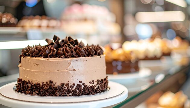 Beautiful mocha cake with chocolate curls in a modern bakery store with soft bokeh background