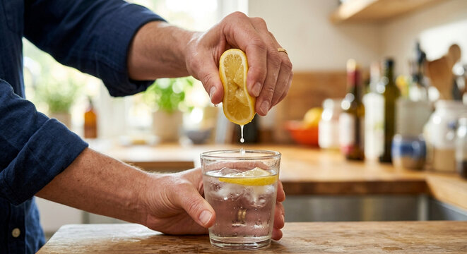 Close up of a person squeezing fresh lemon juice into a glass of water.