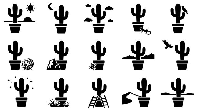desert plant vector cactus pot icon set presenting saguaro cactus with sun moon clouds lizard eagle tumbleweed mountains and ladder concepts isolated on clean white background