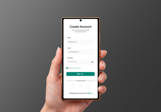 Hand Holding Mobile Phone Screen Mockup on Dark Background