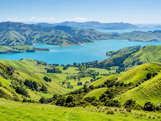 Fototapeta premium Rolling Green Hills Surrounding Turquoise Harbor Inlet, Banks Peninsula New Zealand