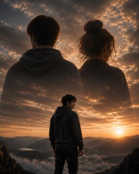 Man watching sunset with ghostly couple overlay