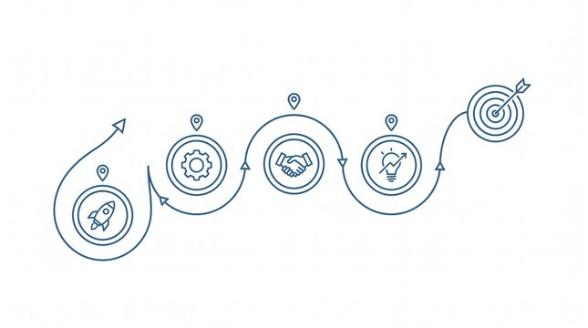Linear timeline path illustrates a business development journey with five milestones featuring icons for startup launch, technical setup, partnership, creative ideation, and achieving a target goal.