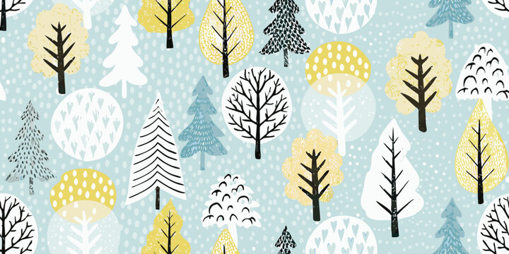 Winter trees pattern a seamless vector illustration with yellow and blue accents