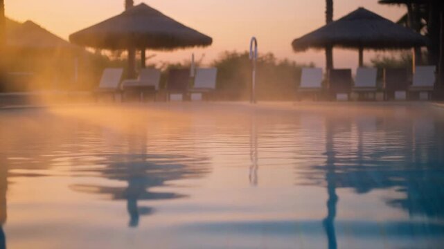 Serene swimming pool at dawn with golden sunlight reflecting on rippling water and mist rising, adorned with thatched umbrellas and lounge chairs, symbolizing relaxation