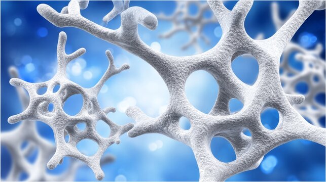 Detailed macro view of the spongy trabecular bone structure illustrating a healthy skeletal network against a blurred blue background.