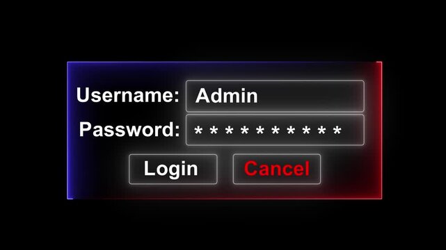 Digital login interface screen featuring admin username and password entry fields with glowing neon blue and red border effects for cyber security, software development, and network access concepts