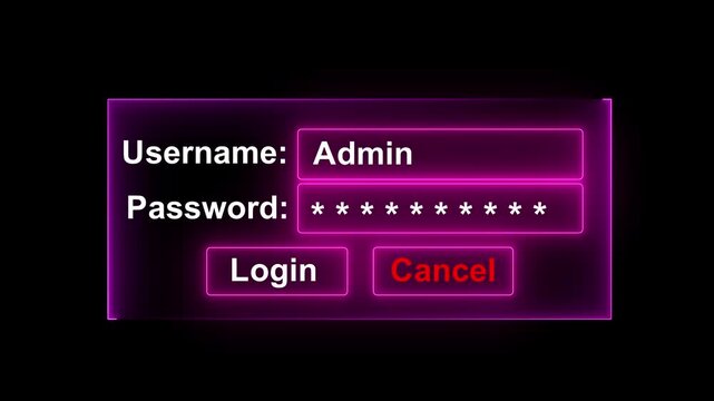 Cybersecurity login interface featuring glowing neon pink admin authentication portal with password masking and interactive buttons for secure system access in a high-tech digital computing