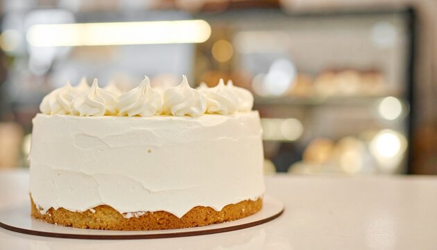 Freshly baked white vanilla sponge cake decorated with whipped cream swirls on display in a bakery