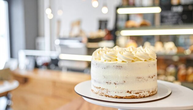 Freshly Baked Vanilla Sponge Cake Decorated With Whipped Cream Frosting Placed On A Stand In A Cozy Bakery Interior