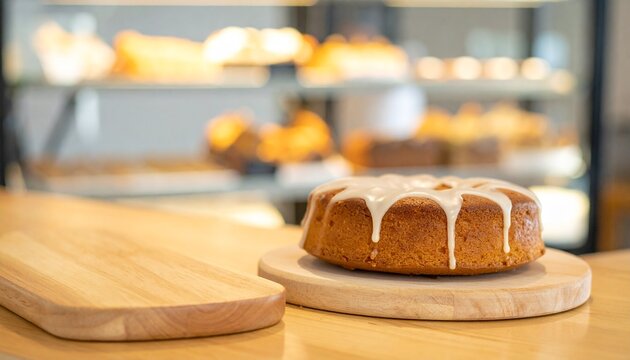 Freshly baked lemon drizzle cake with white sugar glaze on a wooden board in a cozy bakery