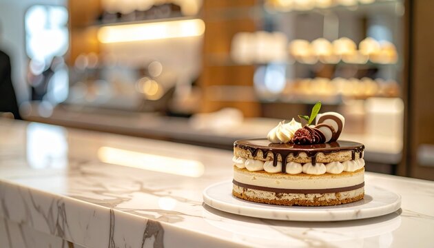 Exquisite layered cream cake with chocolate ganache topping served on a polished marble counter in an elegant pastry shop