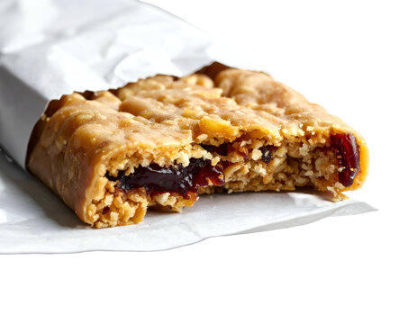 A bitten granola cereal bar with fruit filling on white paper isolated on black