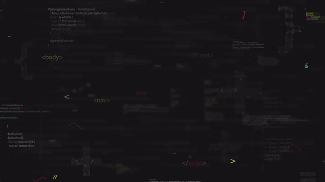 Abstract dark digital background with floating technical data and UI elements.