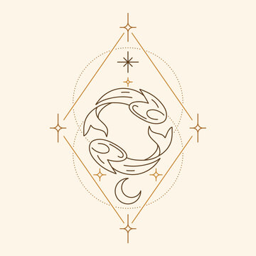 Pisces zodiac symbol with celestial geometric frame