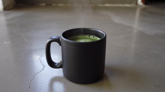 Matte black ceramic matcha mug on polished concrete in motion, highlighting refined drinkware with premium studio presentation.