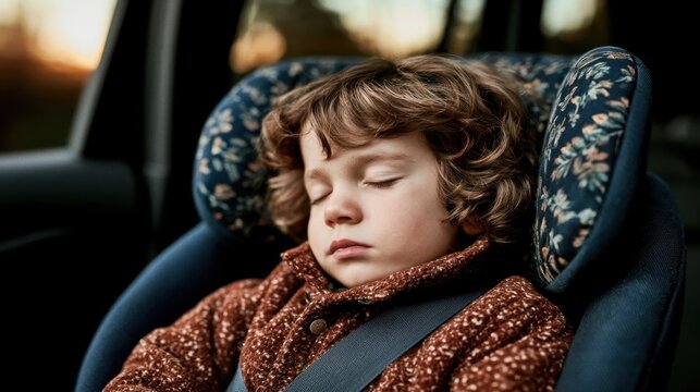 Little dreamer resting softly in a cozy car seat during a peaceful afternoon drive. Child Passenger Safety Awareness Week