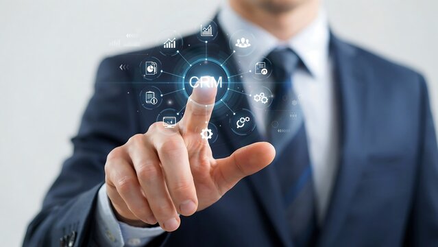 Businessman touching virtual CRM interface icon representing customer relationship management software