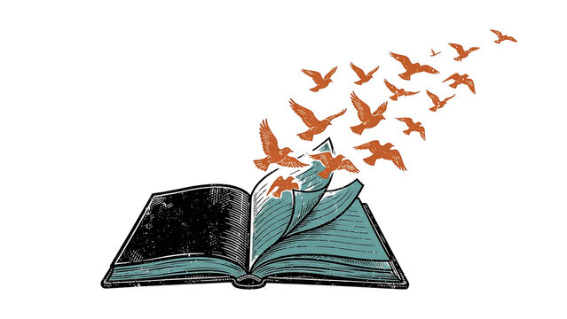 Creative illustration of orange birds flying out from the pages of an open book symbolizing imagination, knowledge and freedom