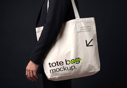 Canvas Tote Bag Mockup Carried on Shoulder by Person