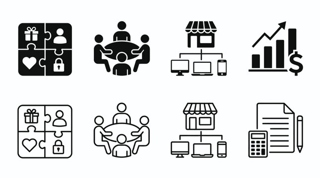 Minimalist teamwork icons set featuring puzzle, meeting table, connected storefront, and financial chart in solid and outline styles for collaboration and commerce vector projects