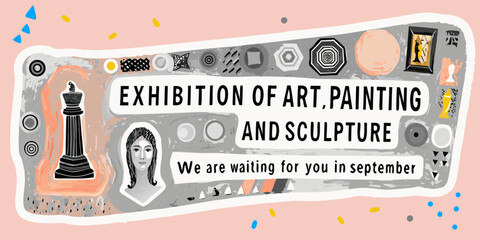 Art exhibition poster with chess piece portrait and abstract shapes © Dipu