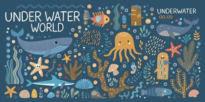 Underwater scene illustration with marine life and coral formations