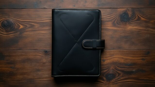 luxurious black leather notebook top view on dark oak wood perfect for elegant branding mockup advertising materials