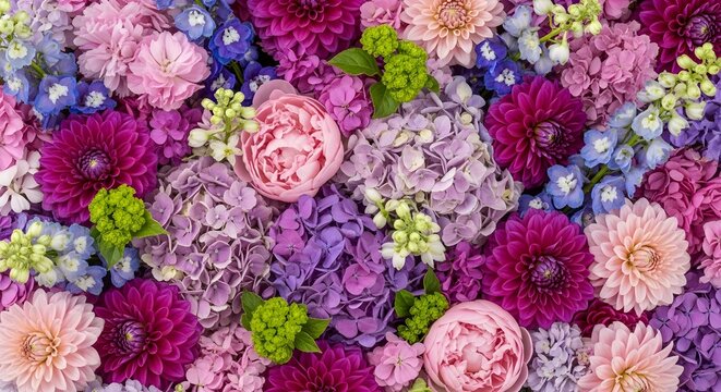 Floral background with vibrant dahlias and hydrangeas. Colorful spring flower wall.