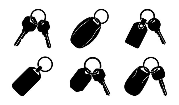 Car Keychain Silhouette Vector Set with Smart Keys Remote Fobs Key Rings and Automotive Accessories Isolated on White Background Minimal Collection