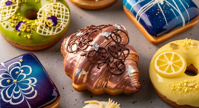 Gourmet glazed donuts and pastries. Assorted luxury desserts with creative toppings.