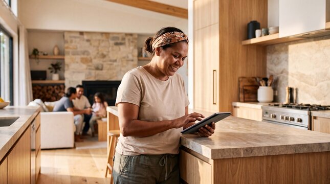 Cyber Monday woman shops online on tablet at kitchen island in modern home